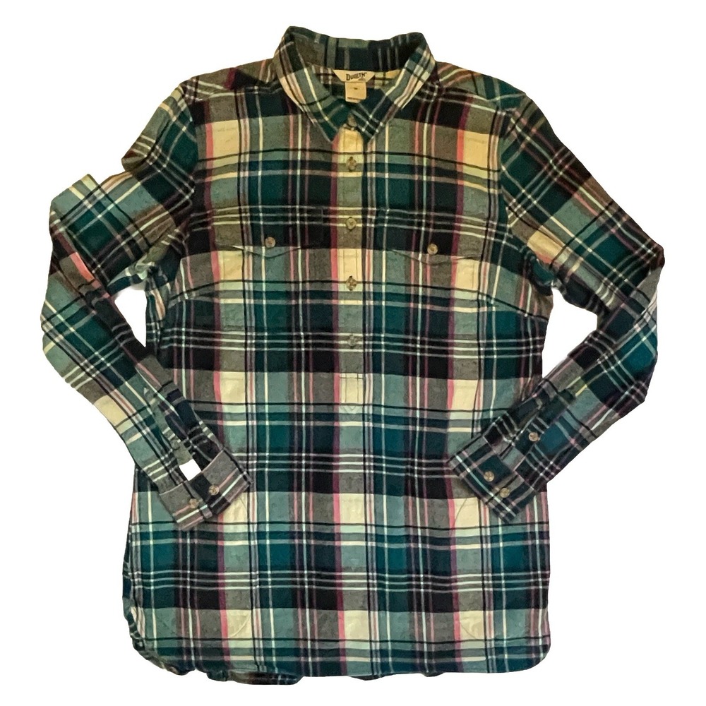 Duluth Shirt 1/2 Button Womens Mediun Pink Green Plaid Flannel Long Sleeve Fall